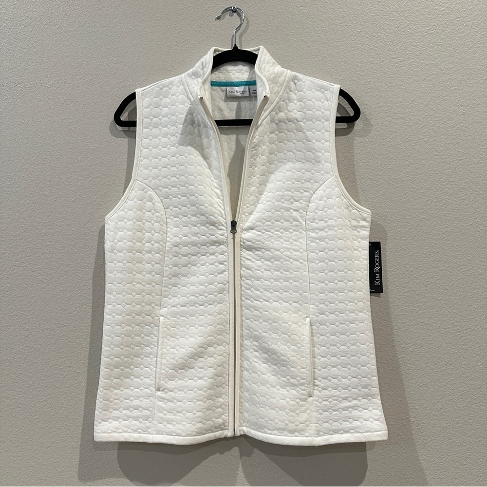 NWT Kim Rogers Women's Sleeveless White Full Zipper Vest Honeycomb Pattern sz MP